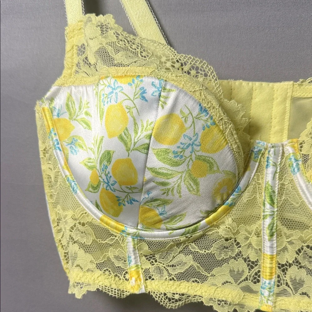 Adore Me Lemon‎ Print Lace Longline Bra 36C Yellow Floral Bralette - Picture 5 of 8